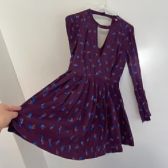 FREE PEOPLE FP Teagan Dress Purple Blue Long Flare Sleeve Cutout Mini Fit Flare - Picture 10 of 14